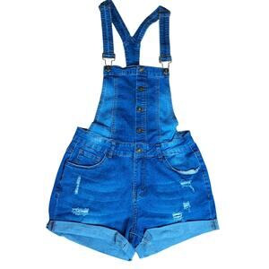 ​P Jeans Women Distressed Denim Shortalls Overall Shorts Button Front Cuffed - M